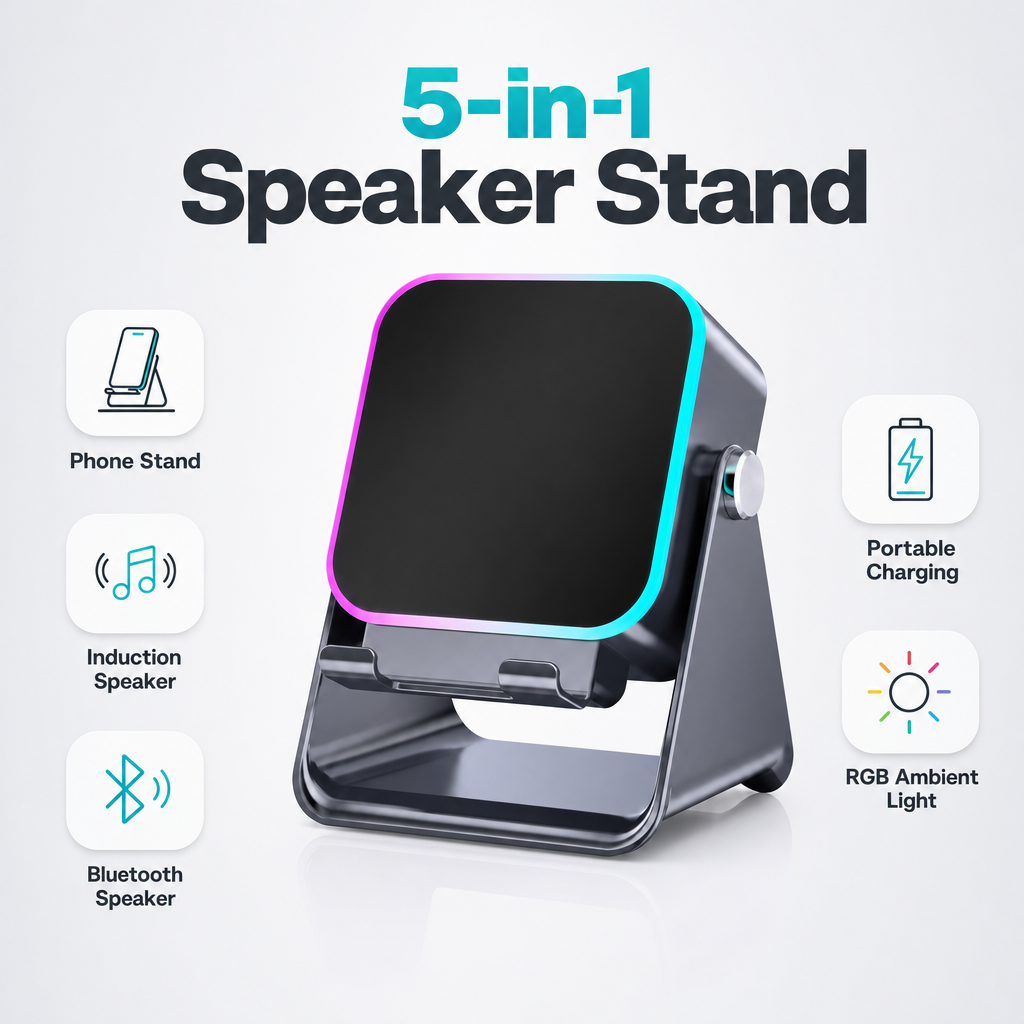 Phone stand, set-down speaker, Bluetooth speaker, phone charging and light ring in one